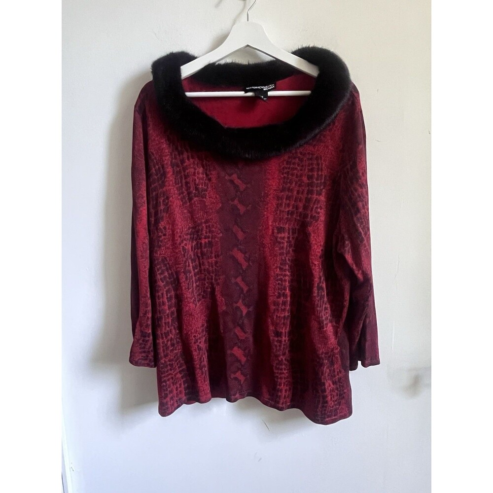 Norton McNaughton Red Black Snakeskin Pattern Knit Fur Collar Sweater 2X Silk